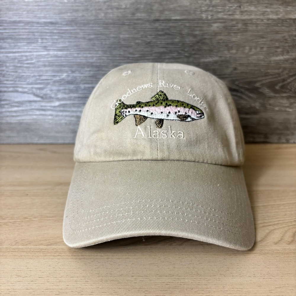 Goodnews River Lodge Hat Cap Strap Back Embroidered Fish Mens Outdoor Fishing